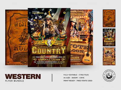 Western Flyer Bundle bar graph bull club country country music cowboy coyote farwest flyer night party photoshop poster psd riding rodeo saloon template thatsdesign western