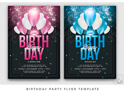 Birthday Party Flyer Template anniversary baby shower balloons birthday blue celebration classy day elegant fireworks flyer invitation night party photoshop pink poster psd template thatsdesign