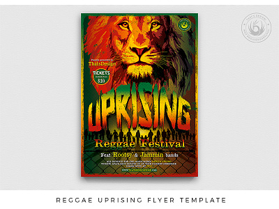 Reggae Uprising Flyer Template africa band concert fest festival flyer gig jamaica lion live love music peace photoshop poster psd reggae template thatsdesign wild