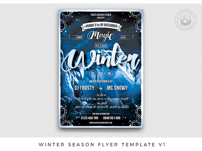 Winter Season Flyer Template V1 bar blue club cold flyer ice magic mountain night north party postre resort season seasonal skiing sports template white winter