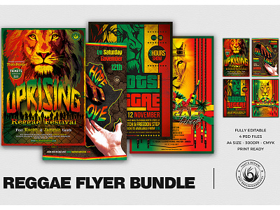 Reggae Flyer Bundle africa band charity concert fest festival flyer gig indie jamaica lion live music photoshop poster psd rasta rastafari reggae template