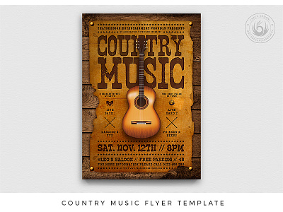 Country Music Flyer Template acoustic band bar club country cowboy festival flyer guitar leather live music party poster saloon template unplugged wanted western wood