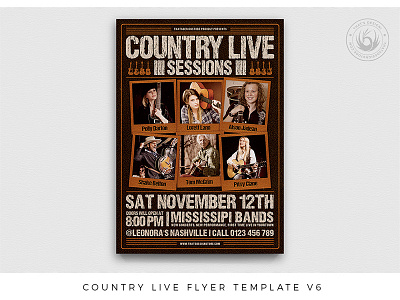 Country Live Flyer Template V6 acoustic band country design event fest festival flyer gig guitar live music photoshop poster psd show template thatsdesign unplugged western