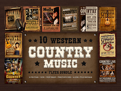 10 Country music Flyer Bundle american band bundle concert country deal flyer gig guitar live music photoshop poster psd sale saloon template thatsdesign unplugged western