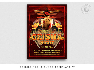 Geisha Night Flyer Template V1 asia asian club design dj flyer fuji geisha japan japanese night party photoshop poster psd red rising sun template temple yakuza