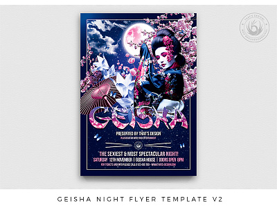 Geisha Night Flyer Template V2 asia asian cherryblossom club design flyer flyer template geisha japan japanese moon night nightclub party party poster pink print promotional sushi thatsdesign