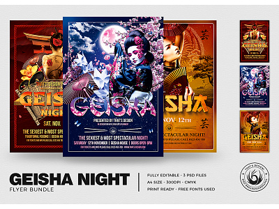 Geisha Night Flyer Bundle asian bundle club design flyer fuji geisha japan japanese night nightclub party party event poster print sexy sushi template temple traditional