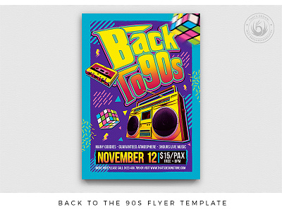 Back to the 90s Flyer Template 80s 90s back to the future boombox club colorful dance deejay discover dj flashback flyer hiphop party poster print retro rubiks cube template time machine