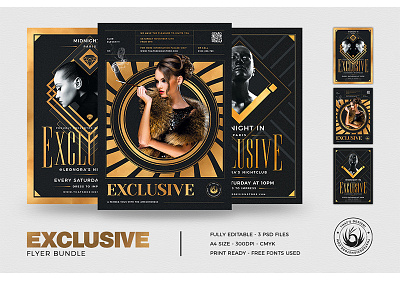 Exclusive Party Flyer Bundle black black and gold chic classy club design elegant event exclusive flyer gold golden invitation lounge opening party posh poster print template