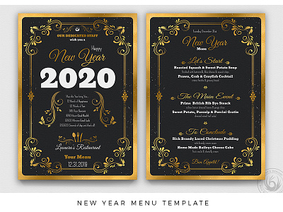 New Year Menu Template black black white classy design elegant flyer food menu gold golden new year new year 2020 new year card new year eve new year menu new year party new years new years eve night poster template