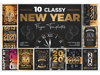 10 New Year Flyer Bundle black and gold bundle celebration classy club countdown design dj elegant fireworks new year new year 2020 new year flyer new year party new years new years eve night club nightclub poster print