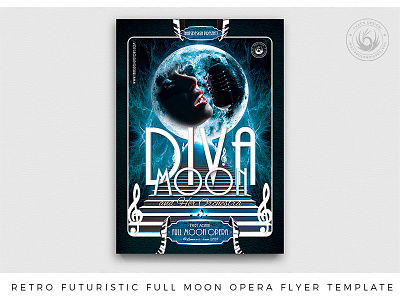 Retro Futuristic Full Moon Opera Flyer Template concert concerts diva flyer flyer design full moon futuristc jazz moon music musician opera operator planet poster retro scifi singer space template