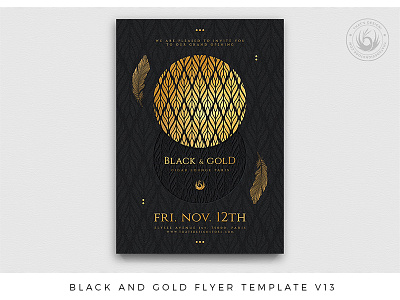 Black and Gold Flyer Template V13 black classy design elegant event exclusive feather flyer gold golden grand opening invitation lounge party pattern photoshop poster print psd template