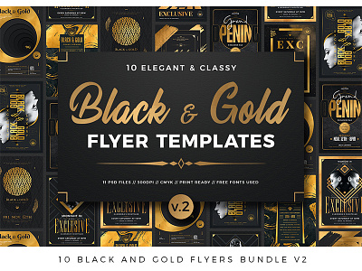 10 Black and Gold Flyers Bundle V2 advertising black black and gold bundle classy design elegant flyer gold golden grand opening invitation lounge luxury poster printable promotional rich template vip