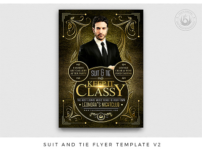 Suit and Tie Flyer Template V2 black classy club club night design dj elegant flyer gold grand opening nightclub party photoshop poster promotional psd retro suit and tie template tuxedo