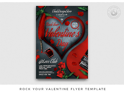 Rock Your Valentine Flyer Template black and red club concert design flyer guitar heart love music musician party photoshop poster print psd rock romantic roses template valentinesday