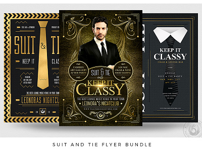 Suit and Tie Flyer Bundle after work black and gold business chic classy club dandy elegant flyer gold golden night nightclub party photoshop poster psd rich suit and tie template