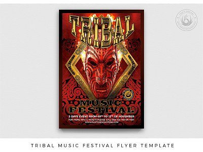 Tribal Music Festival Flyer Template club concert dj electronic ethnic evil fest festival fire flyer hotel maori mask music party poster red tattoo template tribal