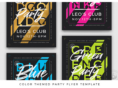 Color Themed Party Flyer Template black blue classy club colorful colors colours dj dress code electronic flyer gold golden night nightclub party pink poster template theme