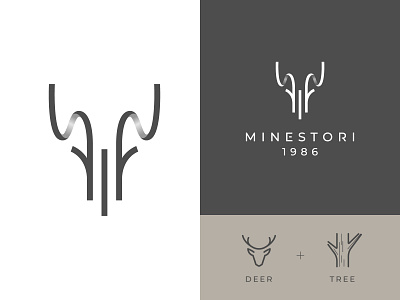 MINESTORI Logo - Deer and Tree Logo Design animal logo art branding creative logo dainogo deer logo logo design mark minimal logo minimalism simple logo symbol tree wine