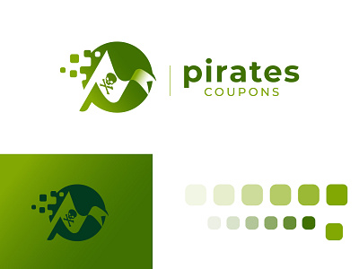 Pirates Coupons Logo Design branding coupon flag green icon identity logo logodesign mark ocean p letter pirate pirates sea skull symbol