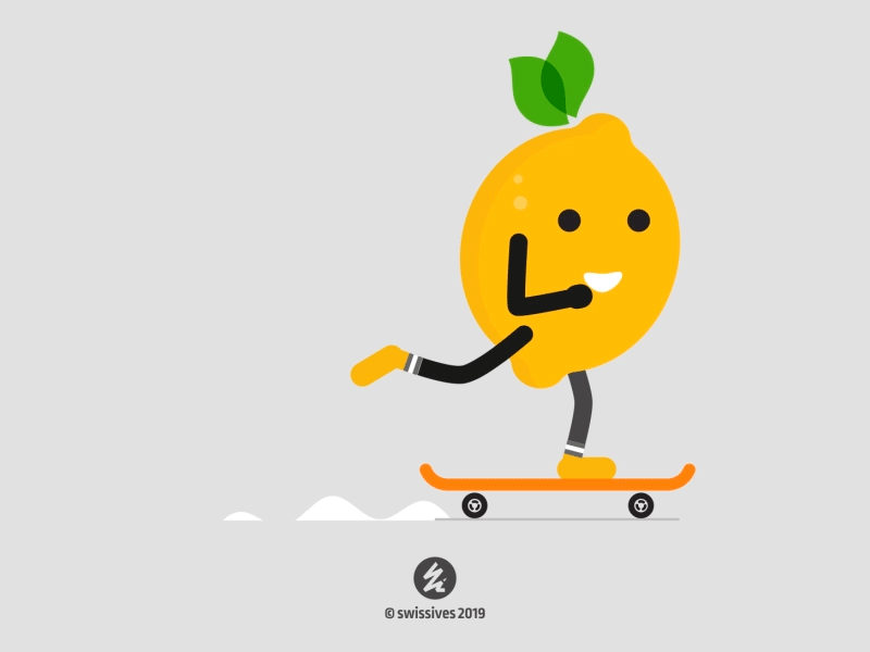 Animated lemon driving on a skateboard.