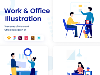 Work and Office Illustration Kit character character design chart charts creative creative design flat illustration illustration illustrations office office design office space team work teamwork vector work