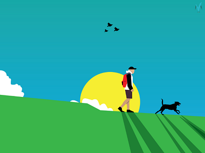 Daily Design Challenge - 01 challenge clouds daily design dog dribble graphics green land man natural shadow sun vector walk