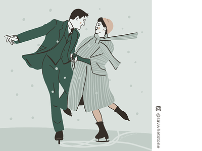 Ice Skating Couple blue cold couple dress fashion graphic green ice skating illustration love vintage