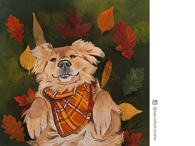 Jumping in the Leaves autumn dog fall golden retriever grass green illustration leaves orange plaid red seasons