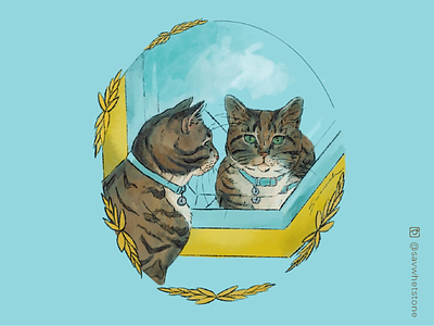 Reflection blue cat graphic illustration mirror ornament pet procreate reflection tabby teal vintage watercolor