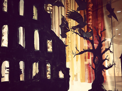 Window Dressing - The Dead Lands Installation crows cut paper fabric installation paint ruins silhouette textiles tree window display