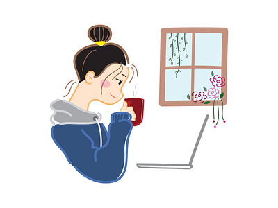 #StayHome character character design coffee design flat flat design girl girl character girl illustration home house illustration laptop stay home vector warm