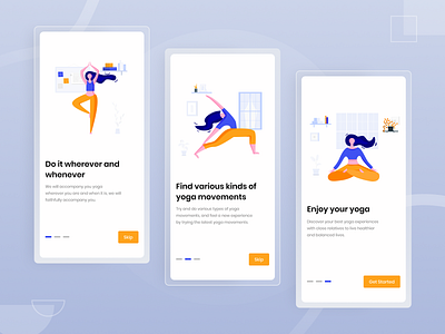 Yogastra On-Boarding Screen app blue exploration flat design illustration onboarding orange ui ui design ux ux design