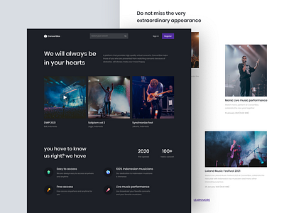 ConcertBox - Virtual concert Landing Page concert exploration minimalist ui ui design ux ux design webdesign