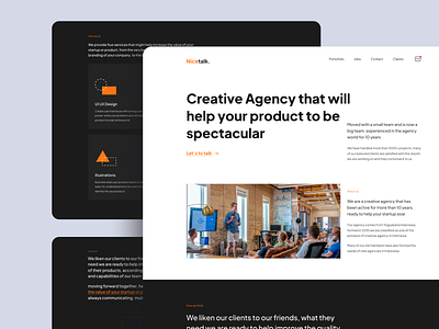 Nicetalk - Creative Agency Landing Page agency black branding design exploration flat design header landingpage minimalist modern orange shape ui design ux ux design website white