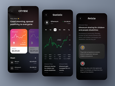 Crybse - Cryptocurrency App〽️ app apps bitcoin blockchain chart coin crypto cryptocurrency dark etheureum marketcap nft nfts product design trading ui ux wallet