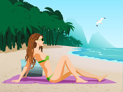 on the beach beach illustration mountains palm trees sea summer summertime vacation vector weekend woman yong woman