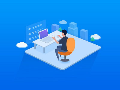 Blue 2.5d internet business work scene illustration