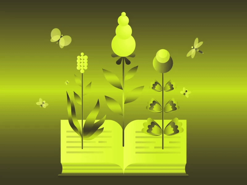 Herbarium - Animation - SOL X YOS animation book butterfly earth eco education flowers gif gradient gradients green horizon ilustration reading sol vector yos
