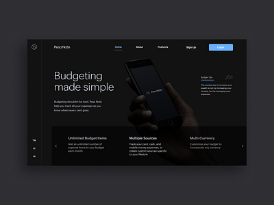 Pesa Note Home Page bubble.io budget budgeting dark dark mode finance fintech home page landing page no code personal finance pesanote uiux