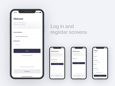 Log in and register screens adobe xd developers development figma forget form form field ios login login form password product products register reset ui uiux ux web design