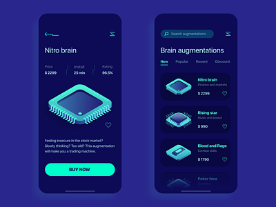 Brain Augmentations Store concept app concept futuristic mobile ui ux