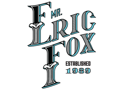 Eric Fox Logo 1989 birthday black blue brand cross hatch custom e f fox gift handmade personal branding perspective serif type typography victorian white