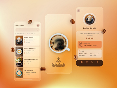 Coffee Guide App Design app coffee design glassmorphism guide minimal mobile shop ui ux