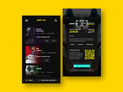 Drive In Cinema Booking App app app design black panther booking branding cinema dailyui darkmode design designer digital dribbble drivein graphic design joker qrcode ticket ui uidesign ux