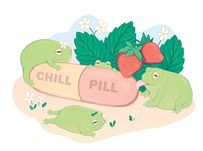 Strawberry chill pill and happy frogs amphibian animals botanical illustration characterdesign cute digitalillustration frogs illustration plants strawberry summer