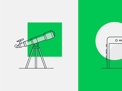 Illustration Concepts for Lookout concept design dotted green illustration iphone line art style minimal phone redesign telescope website