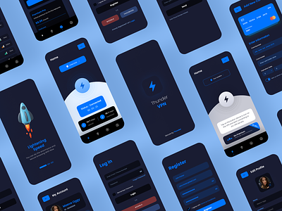 Thunder — A Mobile VPN App Design — Blue — Dark Mode — UI Kit