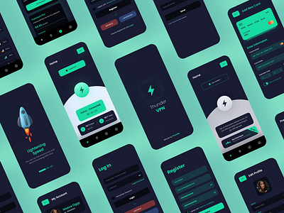 Thunder — A Mobile VPN App Design — Green — Dark Mode — UI Kit app design dark mode desktop mockup figma fiverr freelance graphic design graphic ui landing page landing page design mobile app mobile mockup remote ui ui design upwork ux ux design vpn app web design